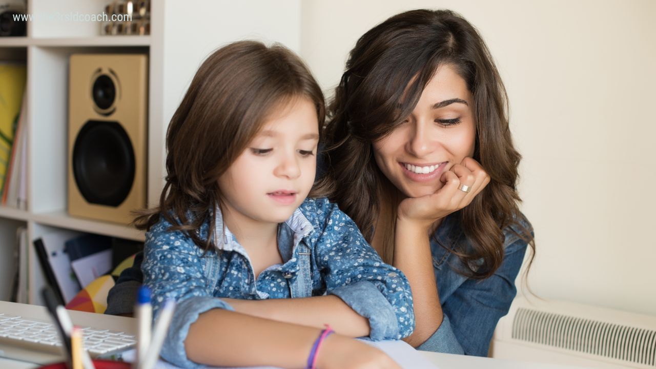 Adult supporting a child while she reads aloud, illustrating foundational reading practice at home