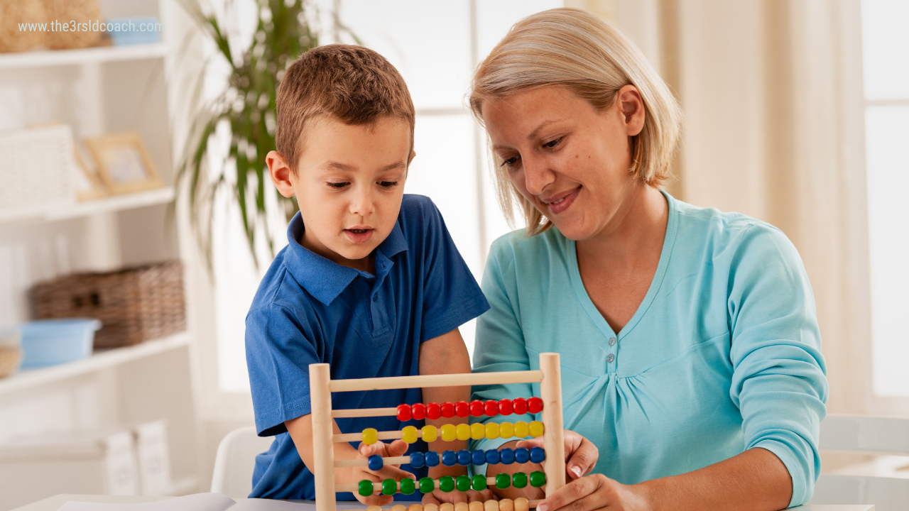 Mother helping her child with a math activity using an abacus to support number sense and learning challenges